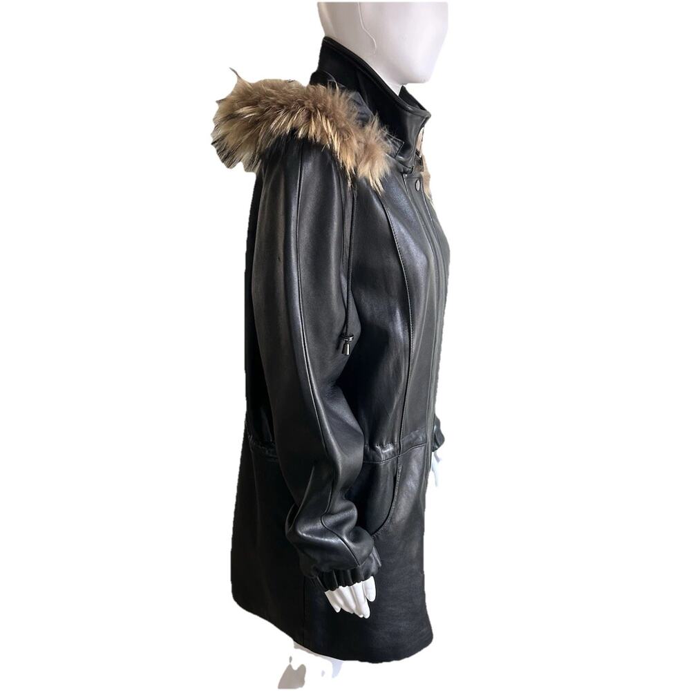 Vintage Worthington Lambskin Leather Parka Women M Raccoon Fur Hood Black Y2K - Picture 3 of 16